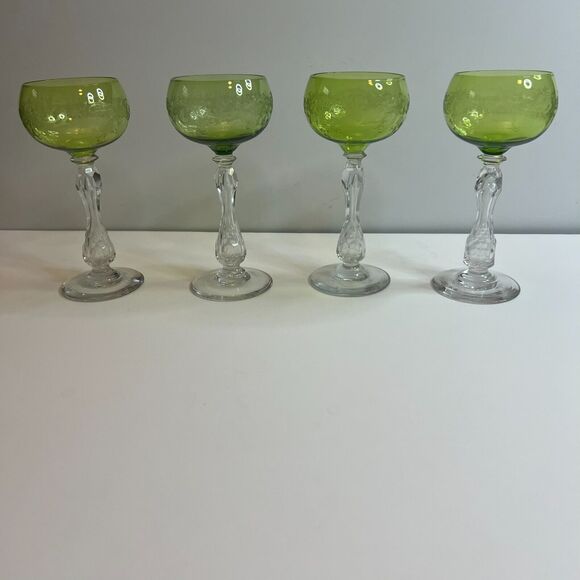 Antique Villeroy & Boch Hock Wine Glass Floral Scrollwork Green Clear Cut Stem - Picture 13 of 15